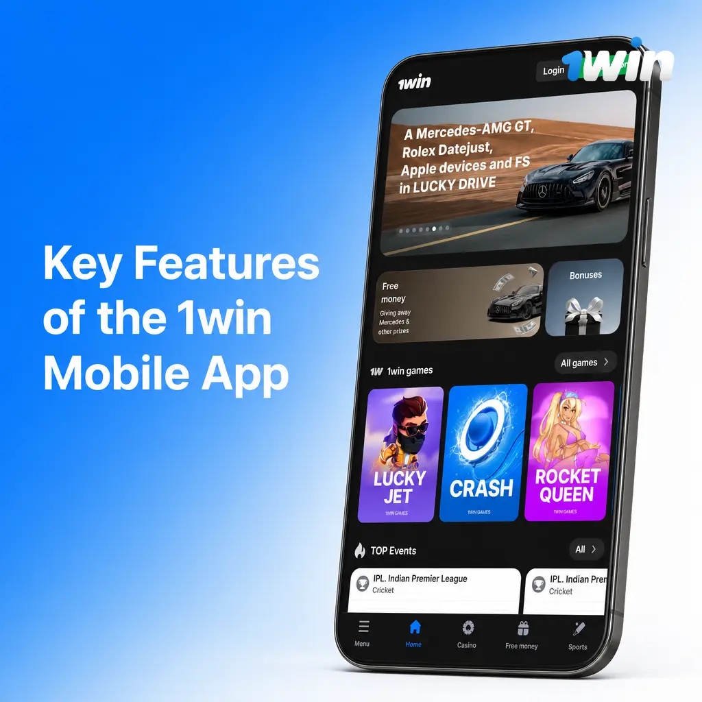 1win mobile app key features: sportsbook, live casino, UPI/Paytm/crypto payments, promotions, account management tools.