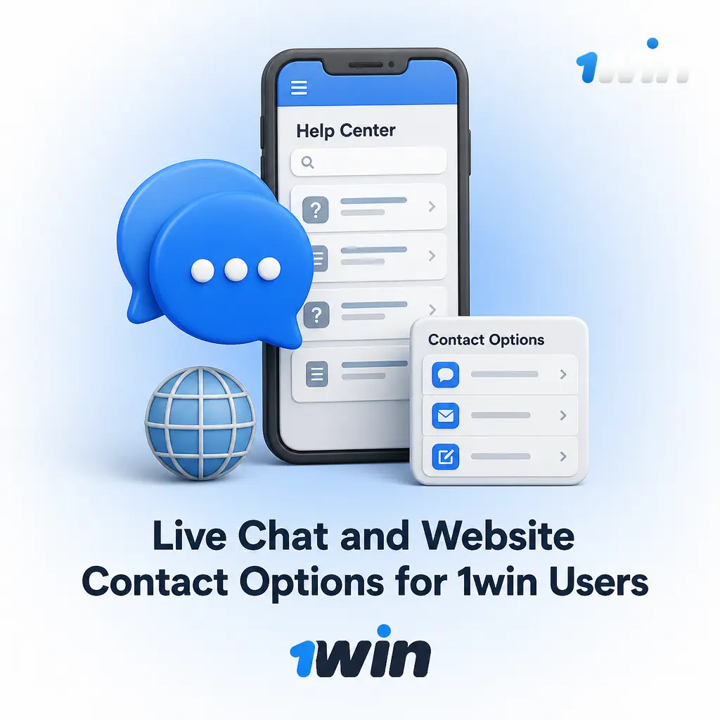 Live chat icon and website contact options for 1win users seeking customer support and account help