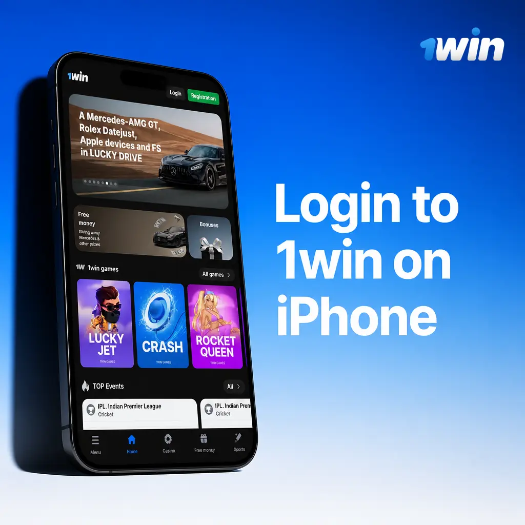 Login to 1win account on iPhone using registered phone number, email, or ID with password on iOS