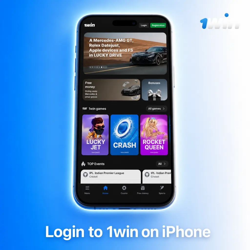 Login screen for 1win account access on iPhone using Safari or saved home screen icon shortcut