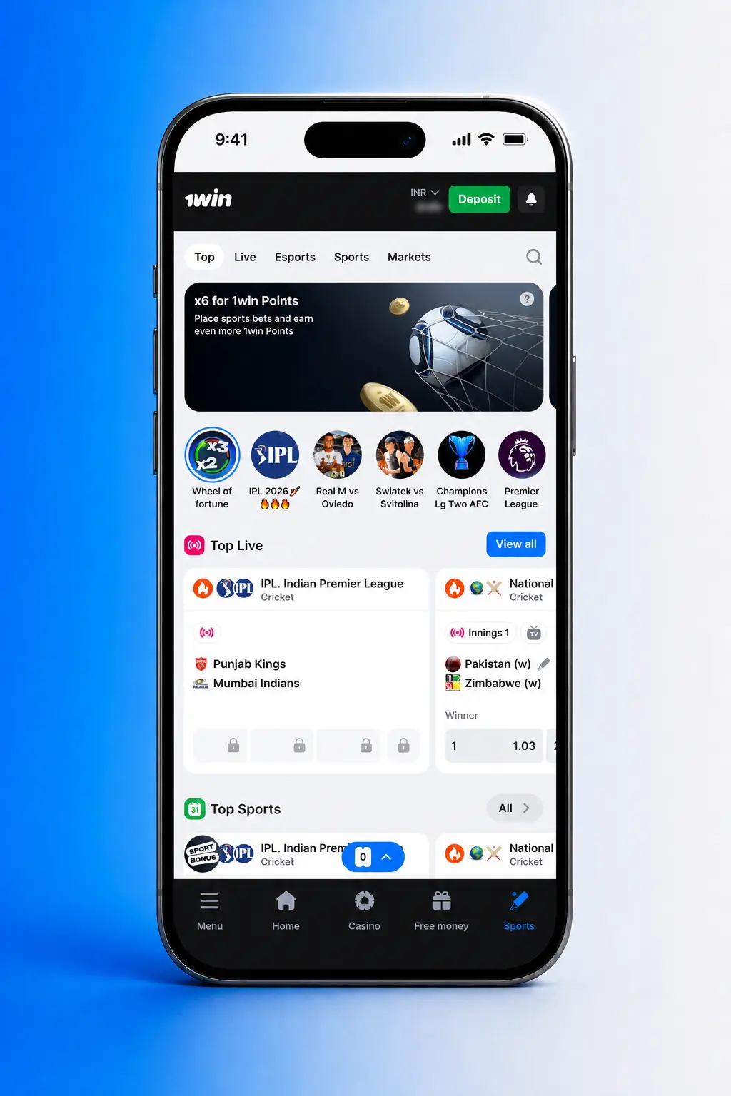 MMA betting section in the 1win app showing fight cards and betting markets on Android and iOS