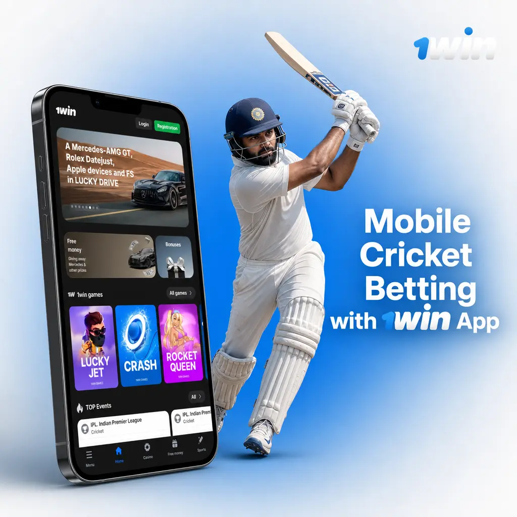 1win app for mobile cricket betting on Android and iOS, showing download, login and bet placement steps