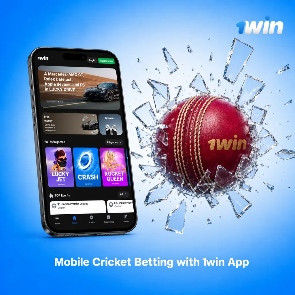 1win Android app for mobile cricket betting, showing sports tab, cricket fixtures, and bet slip options.