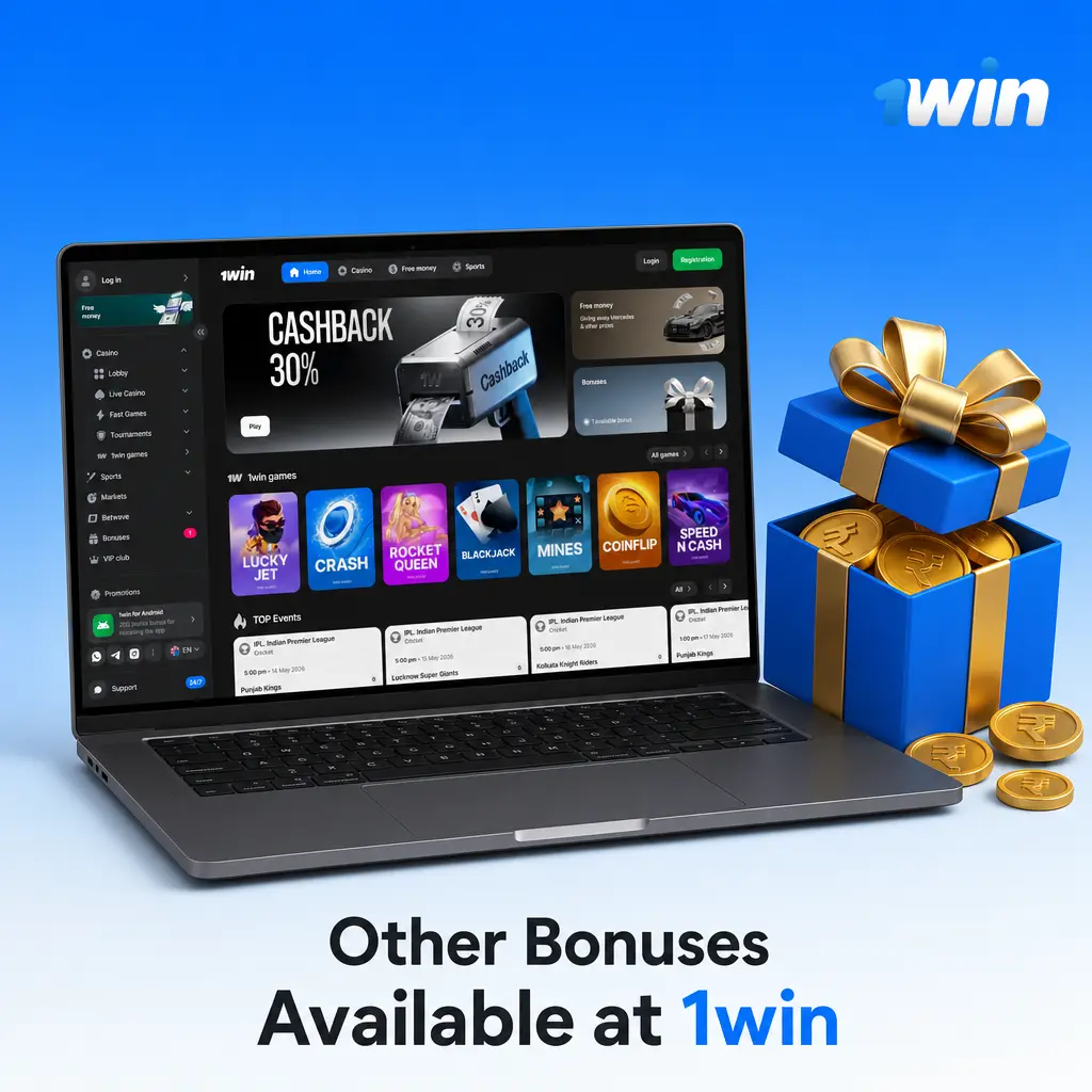 Table listing 1win bonuses in India: Accumulator, Birthday, Loyalty, Referral, and Cashback offers with eligibility details.