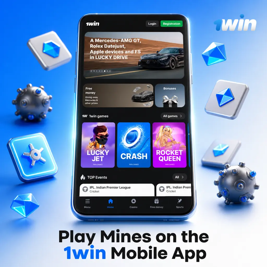 Play Mines game on the 1win mobile app for Android and iOS, available for casino gaming in India.