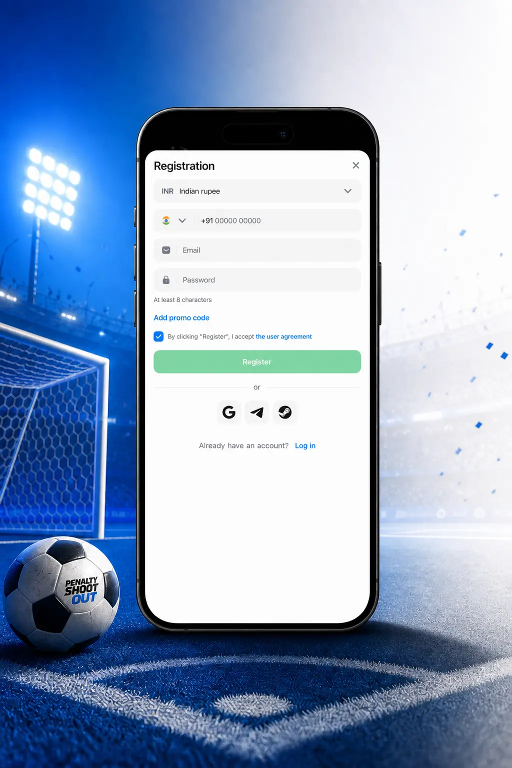 Screenshot of 1win registration step 1 shown on smartphone screen for Penalty Shoot Out sign up in India