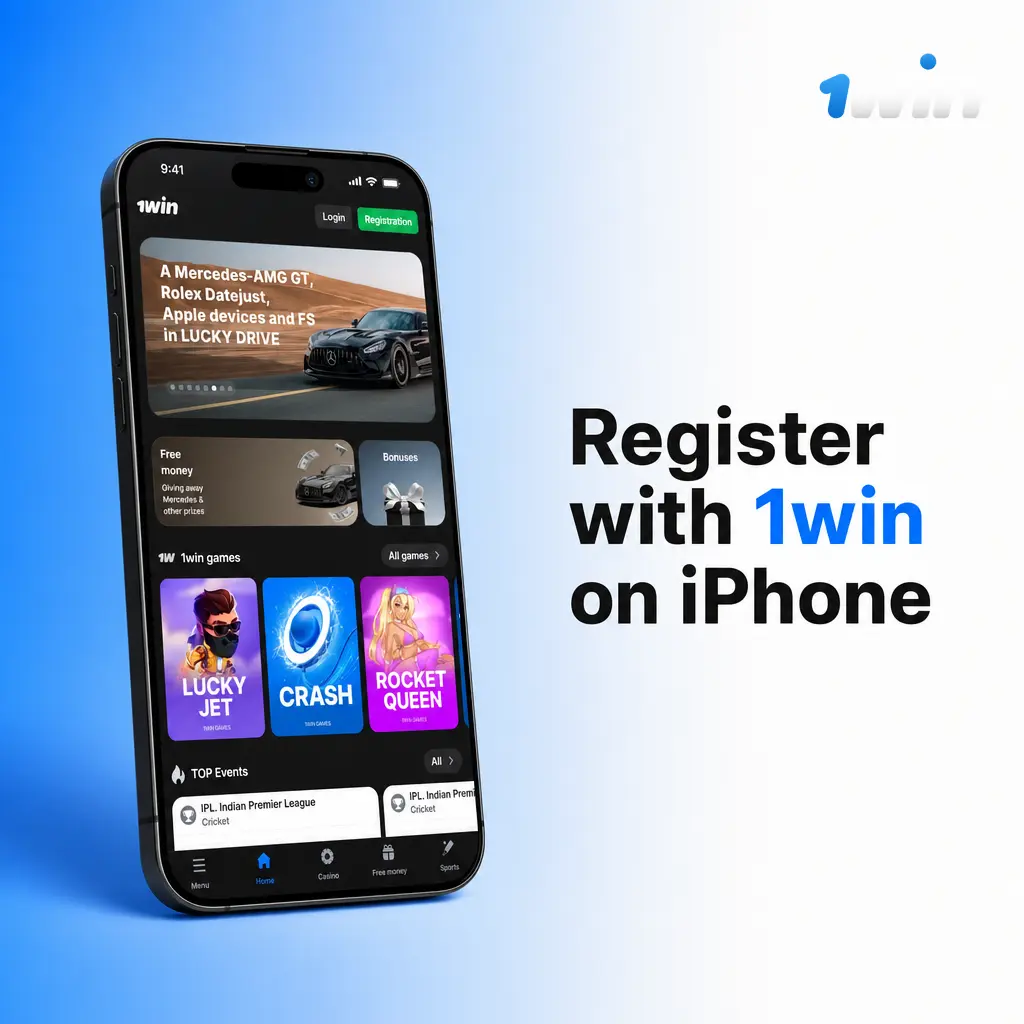 Step-by-step guide to registering a 1win account on iPhone using phone, email, or one-click sign-up options.