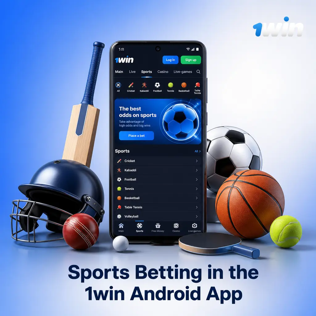 1win Android app sports betting screen showing cricket, football, tennis, kabaddi, basketball, esports and table tennis markets