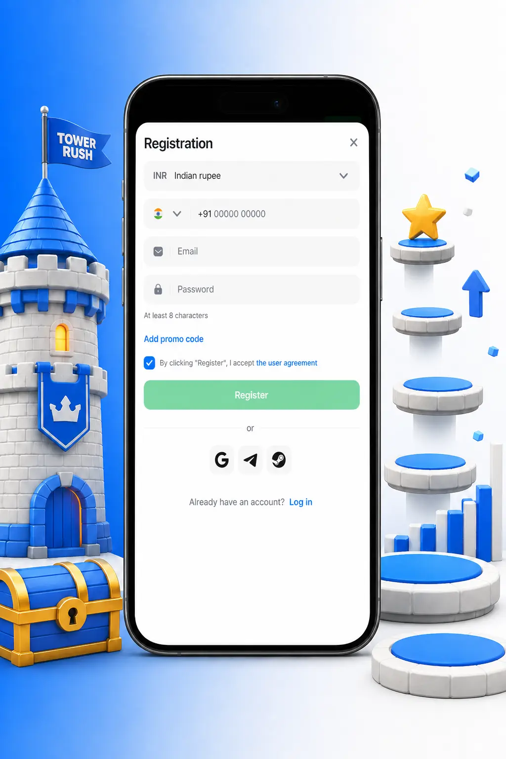Step 1 of 1win registration shown on a smartphone screen to start playing Tower Rush for real money