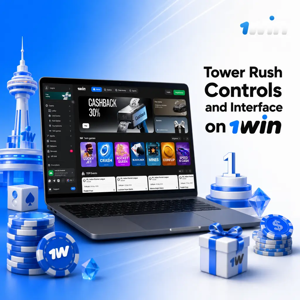 Tower Rush game interface on 1win showing bet amount, risk level selector, tower display, and collect button