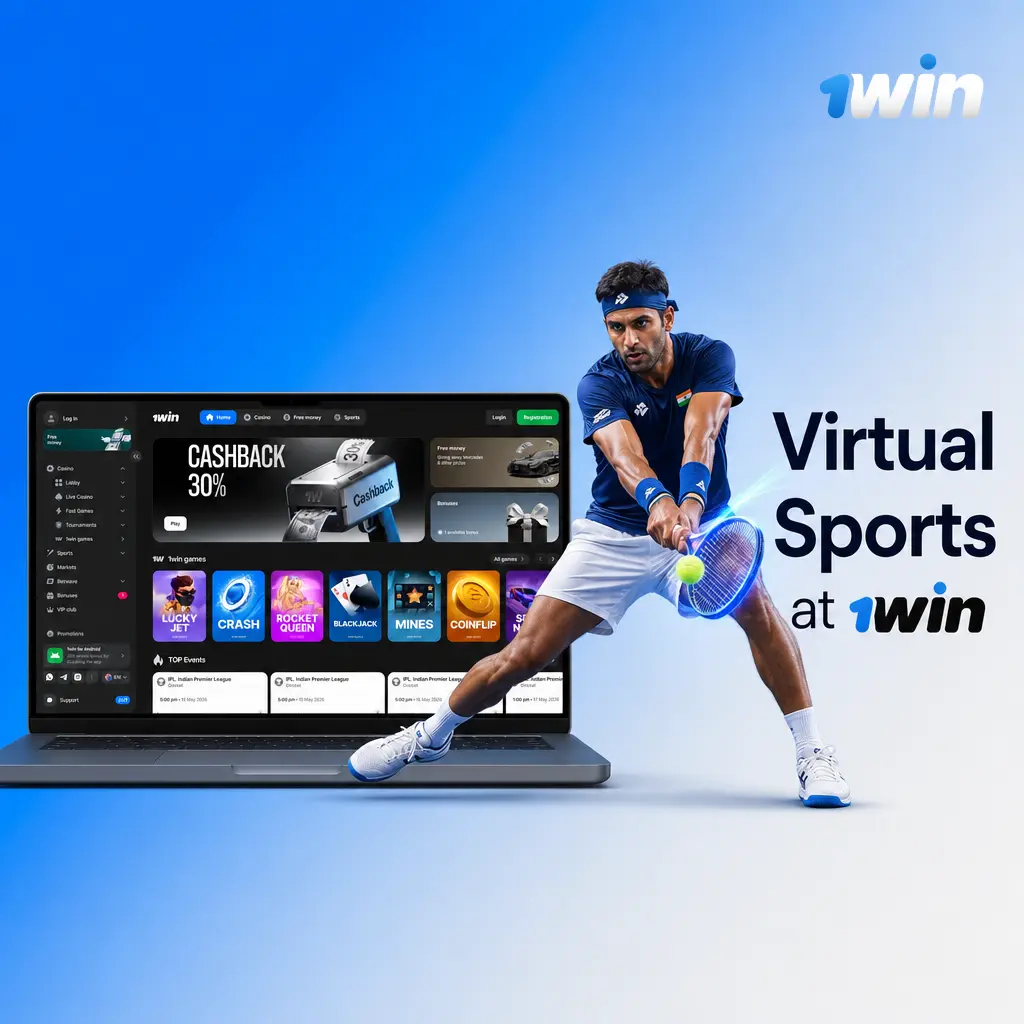 Virtual sports section at 1win featuring virtual football, horse racing, basketball, and tennis with scheduled digital events