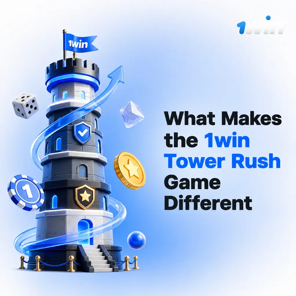 1win Tower Rush game showing 8-floor climb with Low, Medium, High risk levels and Collect option
