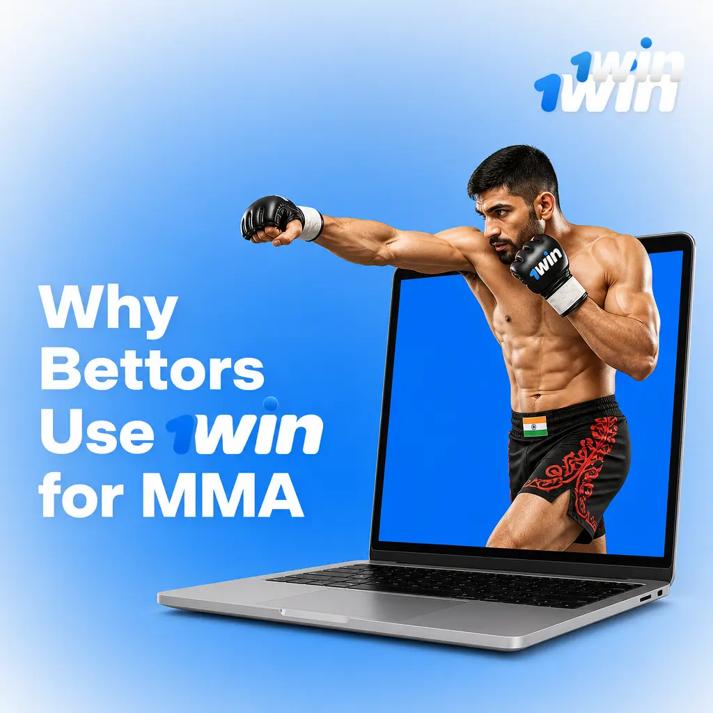 1win MMA betting platform showing UFC, Bellator, PFL odds, live betting, and UPI payment options for India