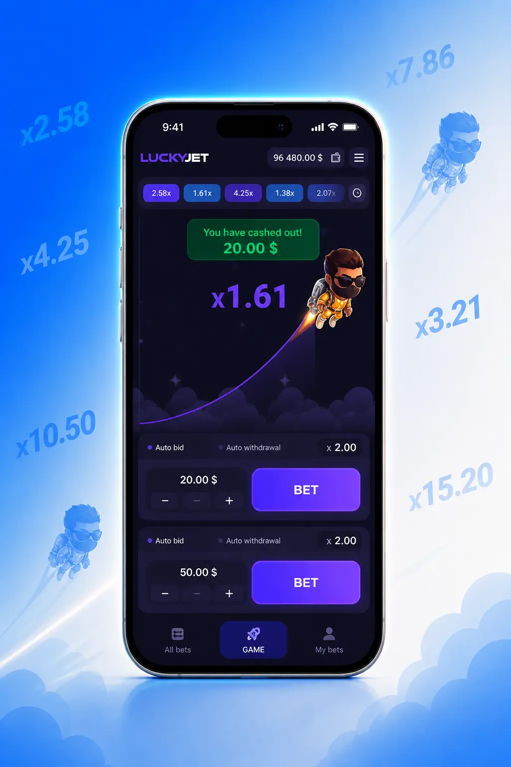 Screenshot of Lucky Jet on 1win showing the rising multiplier and Cash Out button during an active round on a smartphone